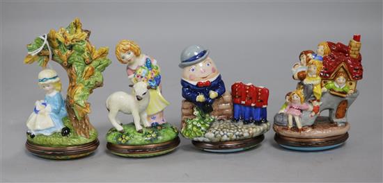 Six Halcyon Days Nursery Rhyme bonbonnieres, (two boxed, two damaged)